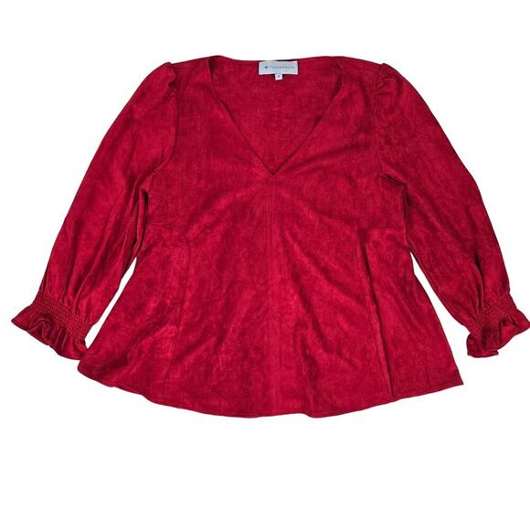 Tuckernuck Tops - Tuckernuck Easton Faux Suede Blouse Size Medium Red V Neck Puff Sleeve